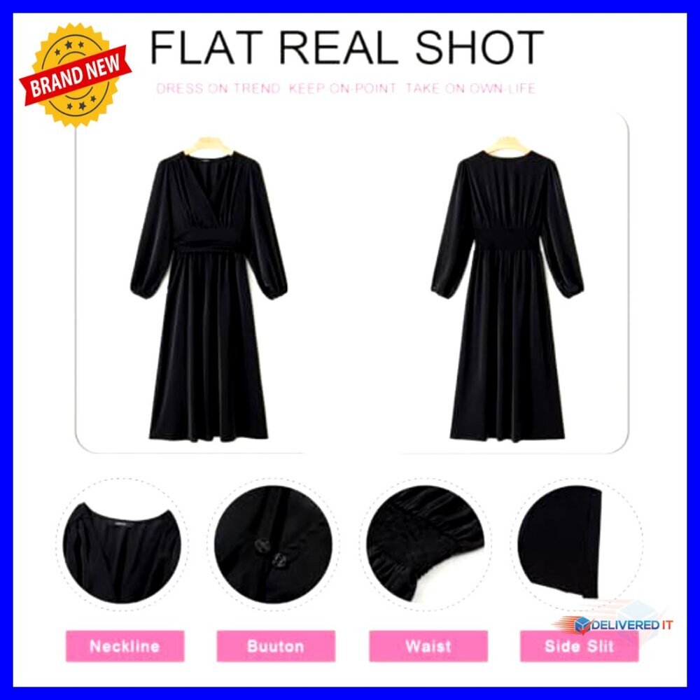 Elegant Wrap V-Neck Maxi Dress Ruched Empire Waist Long Sleeve Formal Chic - Picture 4 of 7